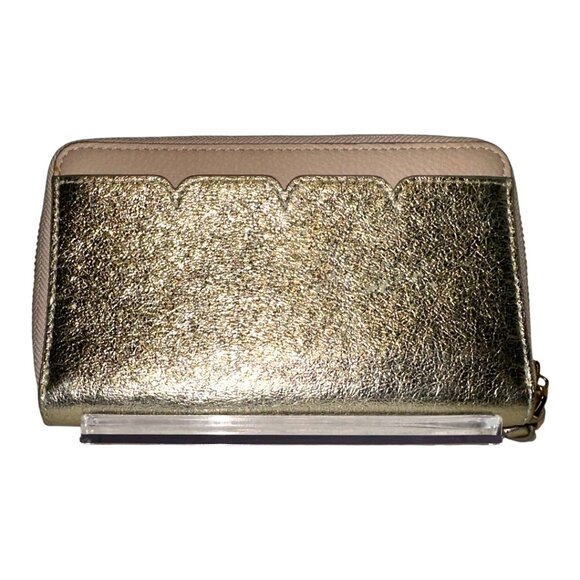 Tory Burch Scalloped-T metallic zip wallet in gold and pale pink leather (GUC) - Picture 4 of 5